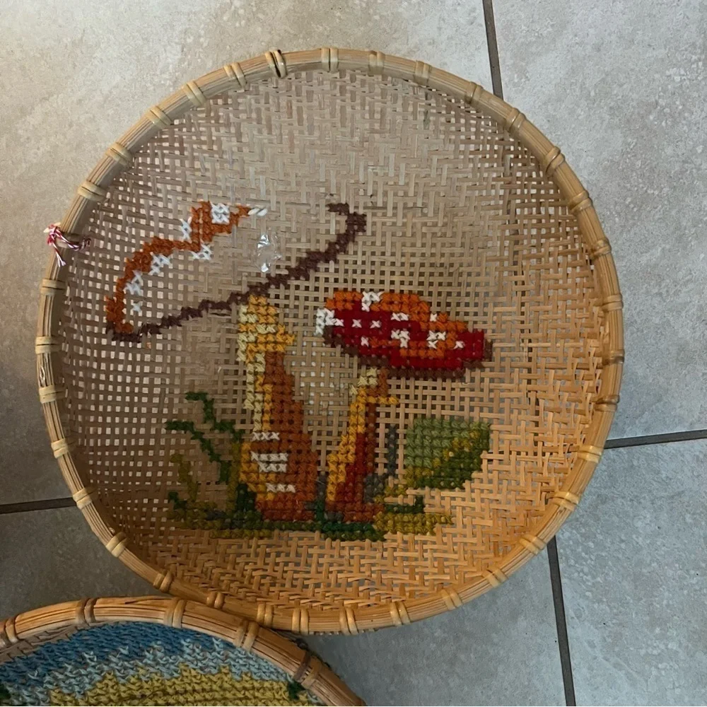 set of 3 hand embroidered basket wall mushroom, house, tree, flowers boho